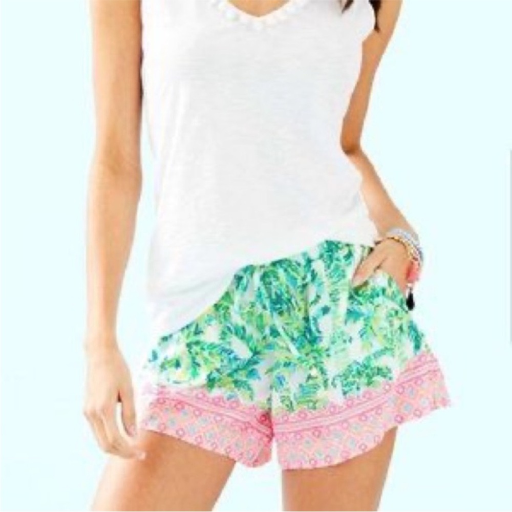 Lilly Pulitzer Katia Tropical Print Rayon Shorts Elastic Waist Drawstring 🩷💚